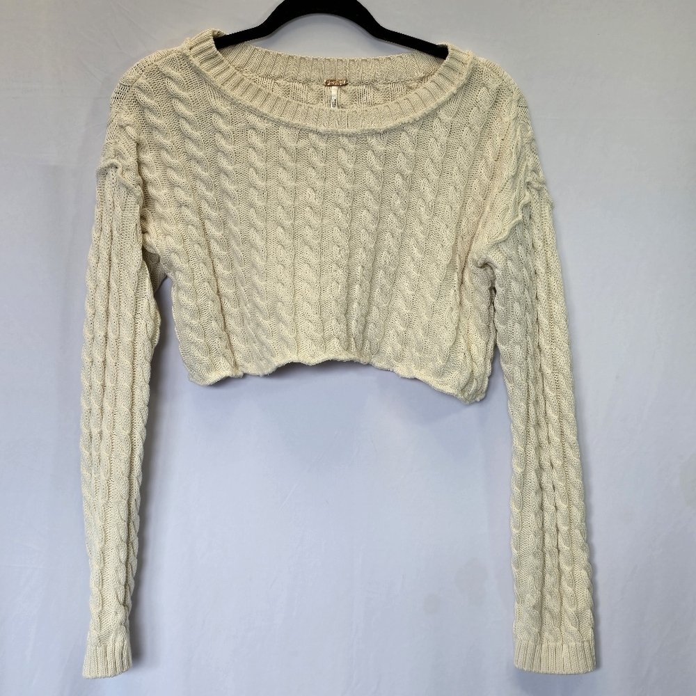 Free People Super Cropped Cable Knit Crew Neck Sweater Long Sleeve Cream, sz S - Picture 1 of 8